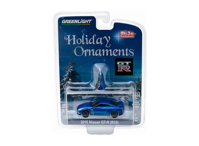 1/64 GREENLIGHT 51079 2015 NISSAN GT-R (R35) BLUE HOLIDAY ORNAMENTS MIJO EXCLUSIVE