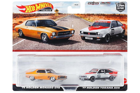 1/64 HOTWHEELS HKF50 PREMIUM TWIN PACK '73 HOLDEN MONARO GTS AND '77 HOLDEN TORANA A9X