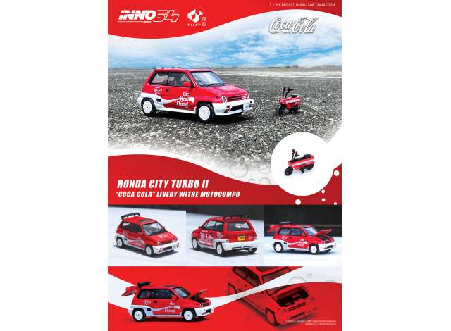 1/64 INNO64 X TINY CITY DIECAST IN64COKE058 HONDA CITY TURBO II *COCA COLA* LIVERY WITH MOTOCOMPO, RED/WHITE