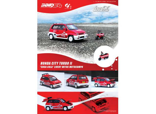 1/64 INNO64 X TINY CITY DIECAST IN64COKE058 HONDA CITY TURBO II *COCA COLA* LIVERY WITH MOTOCOMPO, RED/WHITE