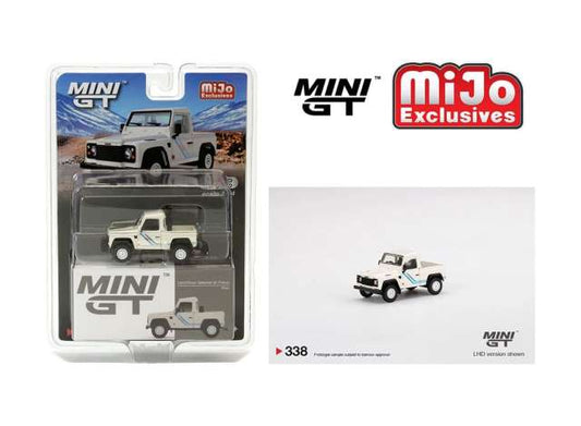 1/64 MINI GT MGT00338MJ LANDROVER DEFENDER 90 PICK-UP, WHITE/BLUE STRIPES