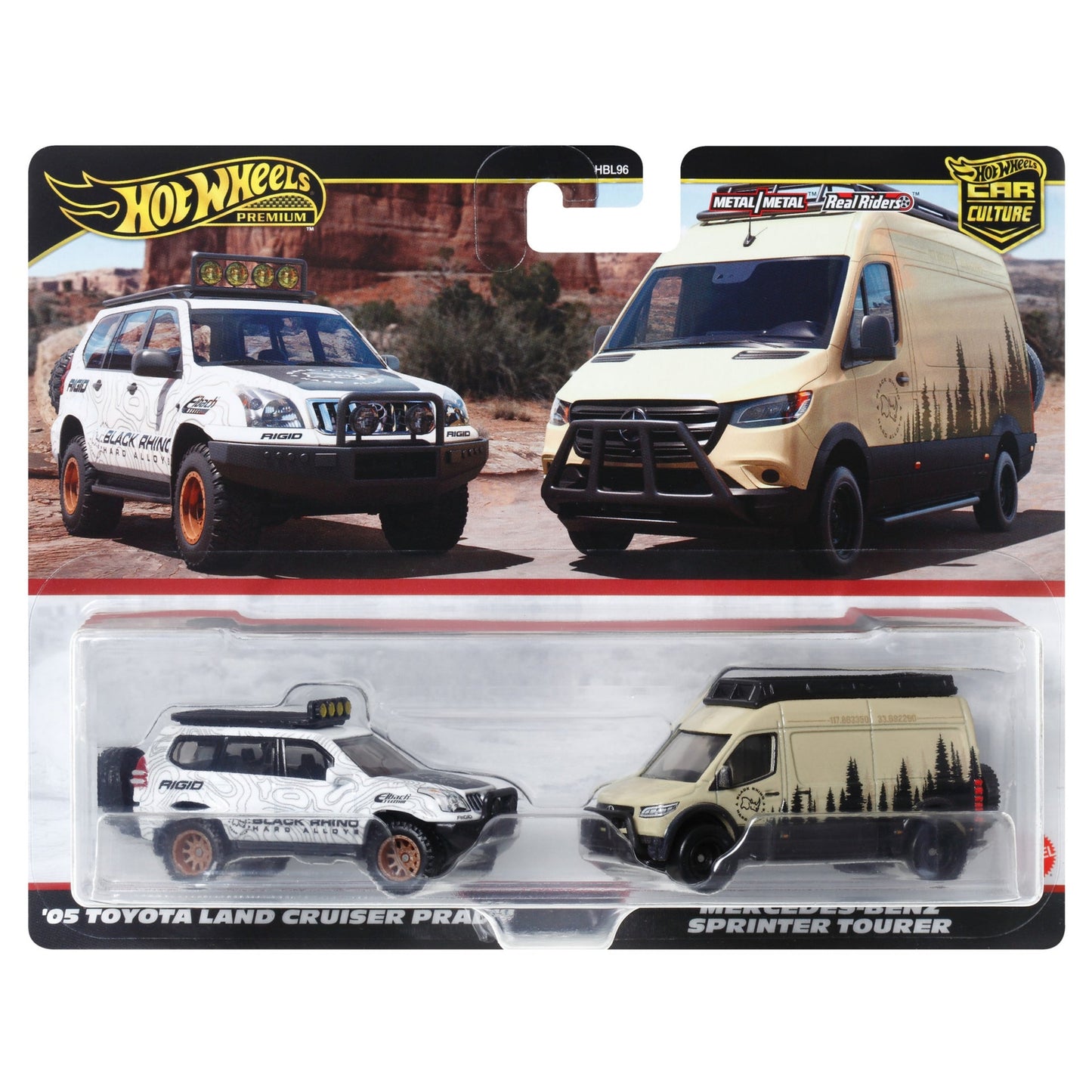 1/64 HOTWHEELS HRR76 PREMIUM TWIN PACK '05 TOYOTA LAND CRUISER PRADO AND MERCEDES BENZ SPRINTER TOURER