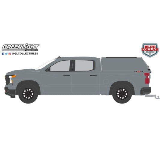 THIS ITEM IS AVAILABLE TO ORDER FROM OUR SUPPLIER - 1/64 GREENLIGHT GL35280-F BLUE COLLAR COLLECTION SERIES 13 - 2023 CHEVROLET SILVERADO 1500 CUSTOM WITH CAMPER SHELL - STERLING GREY METALLIC SOLID PACK