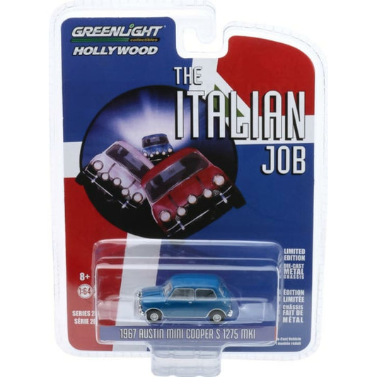 1/64 GREENLIGHT GL44880-A HOLLYWOOD SERIES 28 - THE ITALIAN JOB (1969) - 1967 AUSTIN MINI COOPER S 1275 MKI - BLUE WITH BLACK LEATHER STRAPS