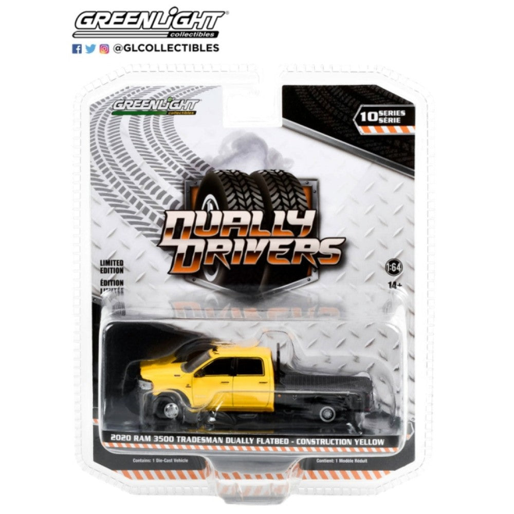 1/64 GREENLIGHT GL46100-F DUALLY DRIVERS SERIES 10 2020 RAM 3500 TRADESMAN DUALLY FLATBED CONSTRUCTION YELLOW