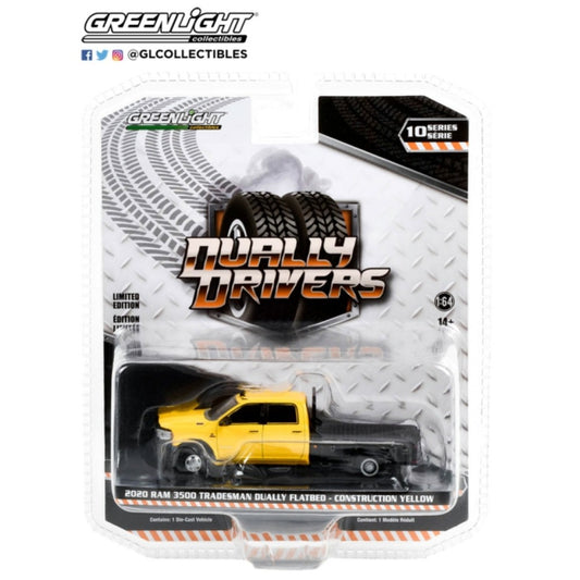 1/64 GREENLIGHT GL46100-F DUALLY DRIVERS SERIES 10 2020 RAM 3500 TRADESMAN DUALLY FLATBED CONSTRUCTION YELLOW