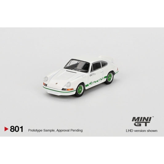 PRE ORDER STOCKS DUE JANUARY / FEBUARY 2025 1/64 MINI GT MGT00801-BL PORSCHE 911 CARRERA RS 2.7 GRAND PRIX WHITE WITH GREEN LIVERY (LHD) (BLISTER PACKAGING)