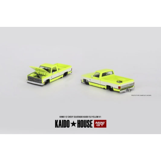 1/64 MINI GT MGTKHMG112 CHEVROLET SILVERADO KAIDO FLO YELLOW V1