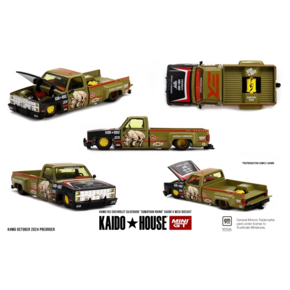 PRE ORDER STOCKS DUE JULY / AUGUST 2025 1/64 MINI GT MGTKHMG153 CHEVROLET SILVERADO SUMATRAN RHINO KAIDO X MIZU DIECAST