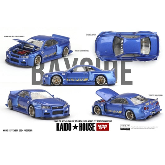 PRE ORDER STOCKS DUE AUGUST /SEPTEMBER 2025 1/64 MINI GT MGTKHMG158 NISSAN SKYLINE GT-R (R34) KAIDO WORKS (V2 AERO) SHINJUKU V2