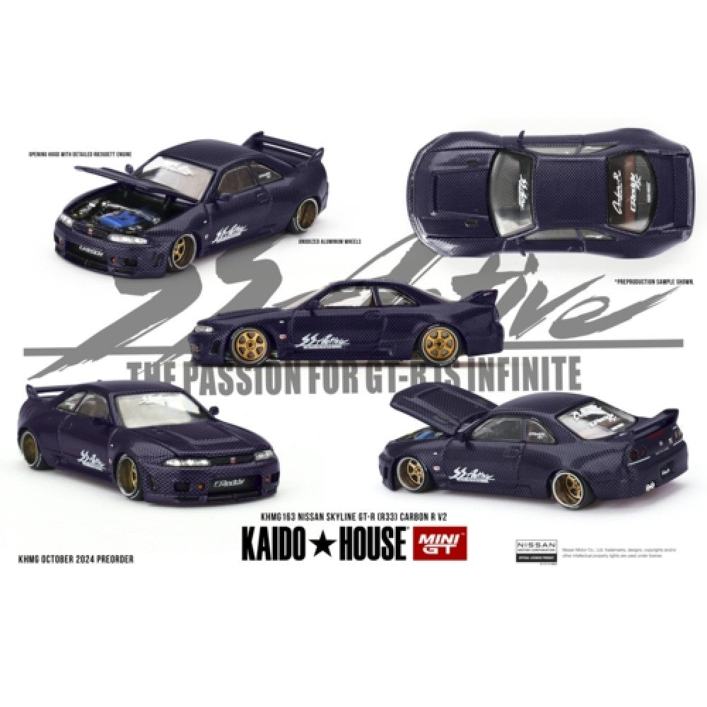 PRE ORDER STOCKS DUE JUNE / JULY 2025 1/64 MINI GT MGTKHMG163 KAIDO HOUSE NISSAN SKYLINE GT-R (R33) ACTIVE CARBON R V2