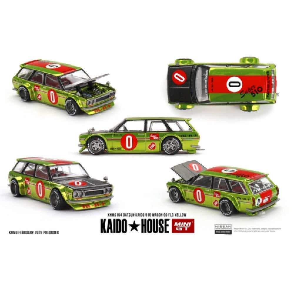 PRE ORDER STOCKS DUE NOVEMBER / DECEMBER 2025 1/64 MINI GT MGTKHMG164 DATSUN KAIDO 510 WAGON OG FLO YELLOW