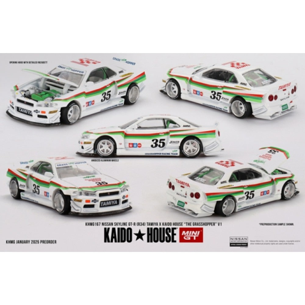 PRE ORDER STOCKS DUE AUGUST / SEPTEMBER 2025 1/64 MINI GT MGTKHMG167 NISSAN SKYLINE GT-R (R34) TAMIYA X KAIDOHOUSE THE GRASSHOPPER V1