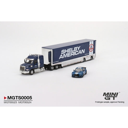 THIS ITEM IS AVAILABLE TO ORDER FROM OUR SUPPLIER - 1/64 MINI GT MGTS0005 SHELBY TRANSPORTER SET INCLUDED WESTERN STAR 49X W/RACING TRANSPORTER AND SHELBY GT500 SE WIDEBODY FORD PERFORMANCE BLUE (LHD) (MIJO EXCLUSIVE)