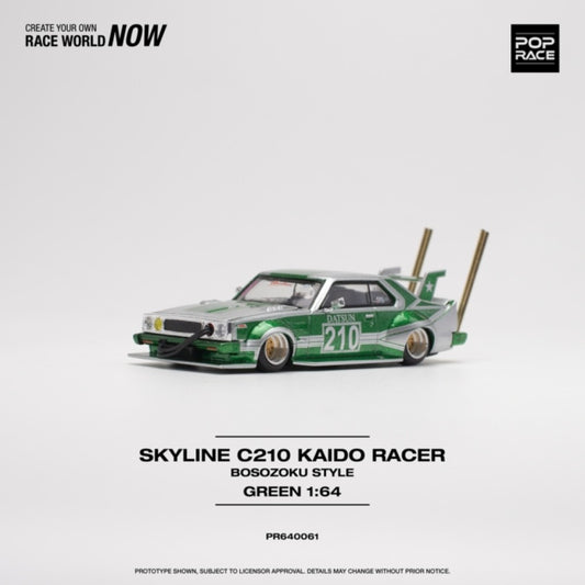 1/64 POP RACE PR640061 NISSAN SKYLINE C210 KAIDO RACER (BOSOZOKU STYLE) SILVER/GREEN