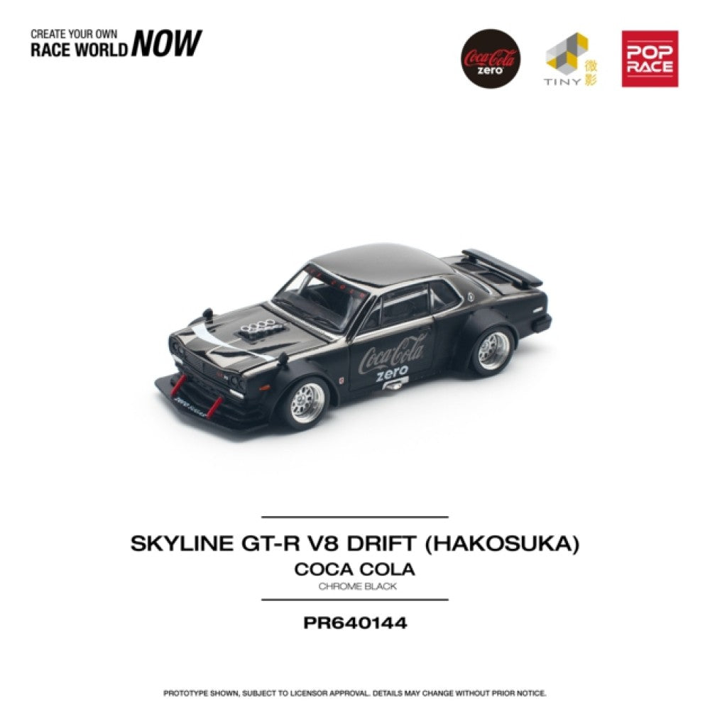 PRE ORDER STOCKS DUE FEBRUARY / MARCH 2025 1/64 POP RACE PR640144 NISSAN SKYLINE GT-R V8 DRIFT (HAKOSUKA) COCA COLA CHROME BLACK