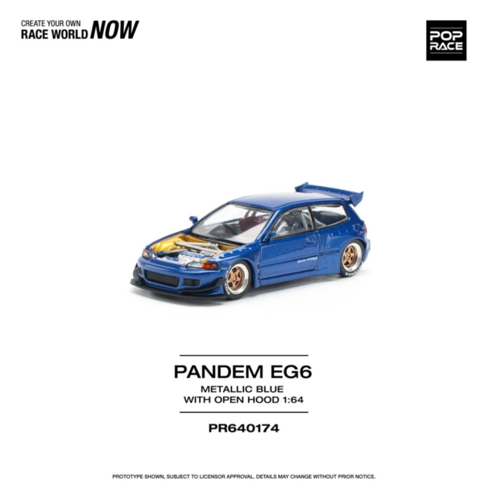 PRE ORDER STOCKS DUE MAY / JUNE 2025 1/64 POP RACE PR640174 HONDA PANDEM CIVIC EG6 METALLIC BLUE W/OPEN HOOD