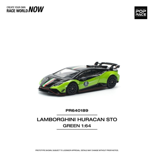 PRE ORDER STOCKS DUE APRIL / MAY 2025 1/64 POP RACE PR640189 LAMBORGHINI HURACAN STO (LP640-2) 10 ANNIVERSARIO GREEN/BLACK