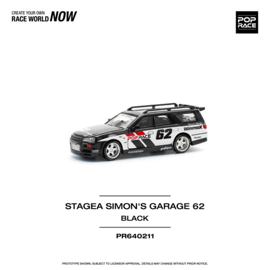 PRE ORDER STOCKS DUE APRIL / MAY 2025 1/64 POP RACE PR640211 NISSAN STAGEA SIMONS GARAGE #62 BLACK