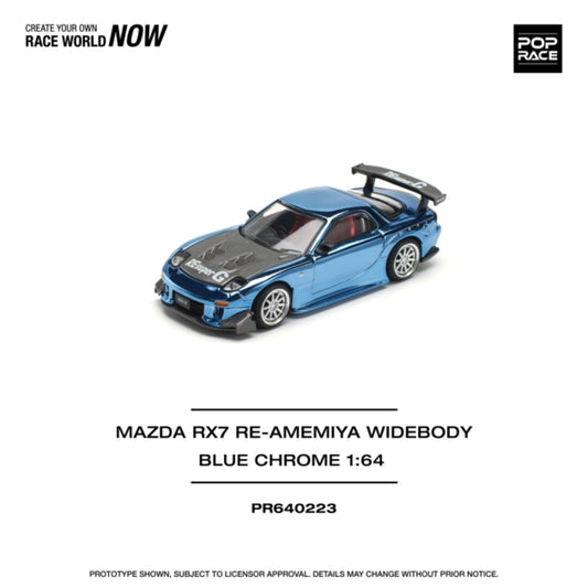 PRE ORDER STOCKS DUE MAY / JUNE 2025 1/64 POP RACE PR640223 MAZDA RX7 RE-AMEMIYA WIDEBODY BLUE CHROME