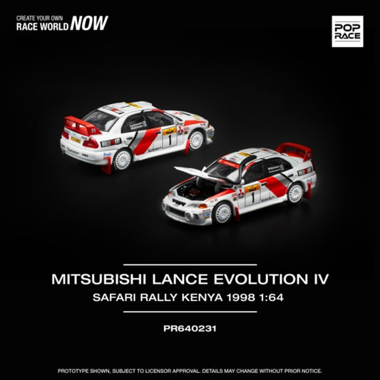 PRE ORDER STOCKS DUE AUGUST / SEPTEMBER 2025 1/64 POP RACE PR640231 MITSUBISHI LANCER EVOLUTION IV SAFARI RALLY KENYA 1998 #1