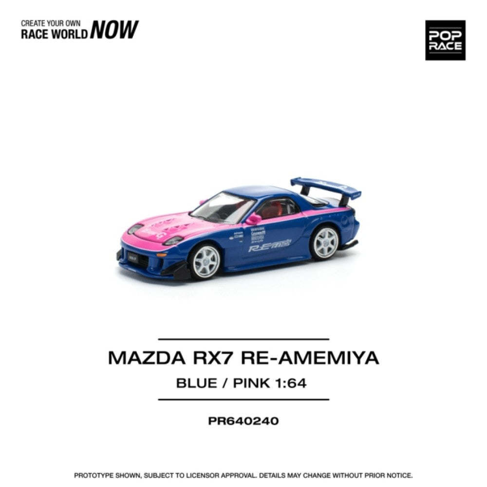 PRE ORDER STOCKS DUE OCTOBER / NOVEMBER 2025 1/64 POP RACE PR640240 MAZDA RX7 RE-AMEMIYA - BLUE/PINK