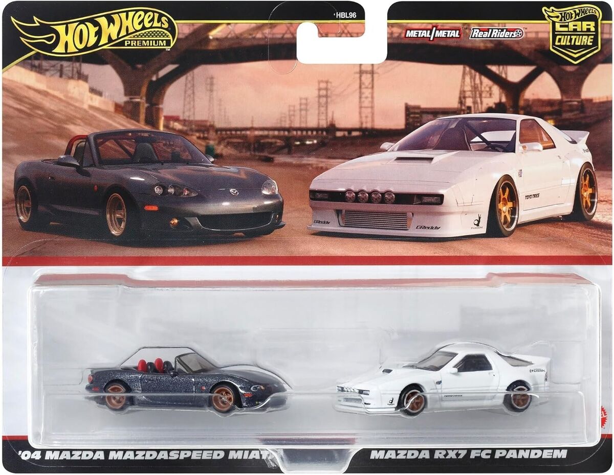 1/64 HOTWHEELS HRR75 PREMIUM TWIN PACK '04 MAZDA MAXSPEED MIATA AND MAZDA RX7 FC PANDEM