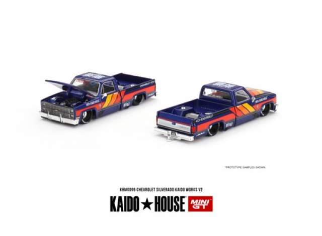 1/64 MINI GT MGTKHMG099 KAIDO HOUSE CHEVROLET SILVERADO KAIDO WORKS, BLUE WITH FLAMES