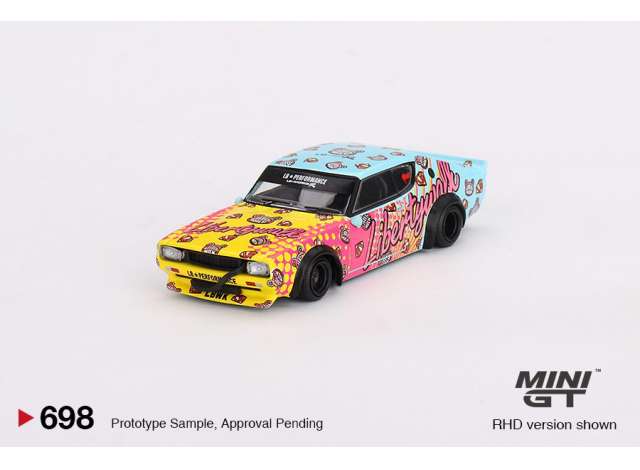 1/64 MINI GT MGT00698-R 1973 NISSAN SKYLINE KENMERI LIBERTY WALK, YELLOW/PINK/LIGHT BLUE