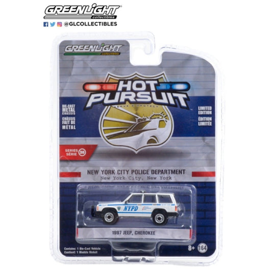 THIS ITEM IS AVAILABLE TO ORDER FROM OUR SUPPLIER - 1/64 GREENLIGHT GL42960-C HOT PURSUIT SERIES 38 - 1997 JEEP CHEROKEE NYPD SOLID PACK