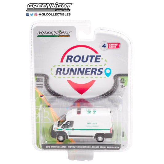 1/64 GREENLIGHT 53040-C ROUTE RUNNERS SERIES 4 2018 RAM PROMASTER INSTITUTO MEXICANO DEL SEGURO SOCIAL AMBULANCIA - ENSENADA MEXICO