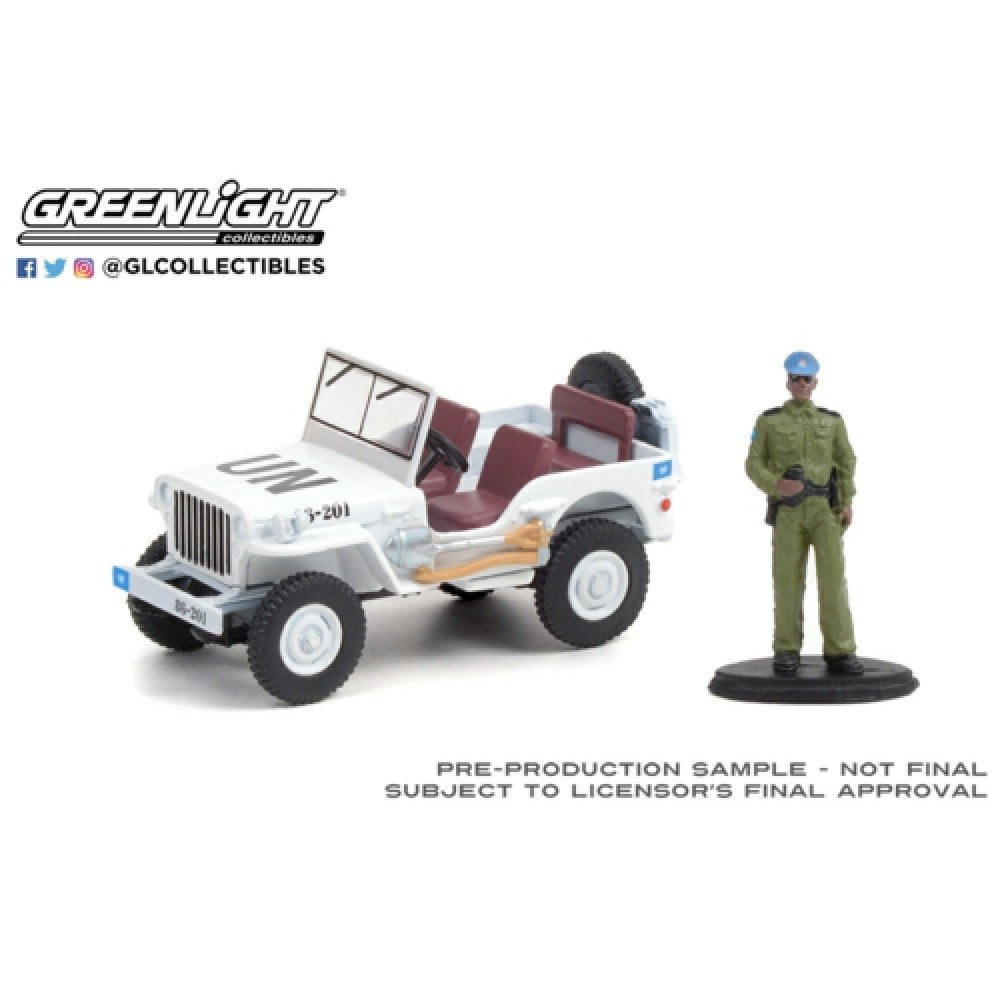 1/64 GREENLIGHT 97110-A THE HOBBY SHOP SERIES 11 1942 WILLYS MB JEEP UNITED NATIONS WITH SECURITY OFFICER